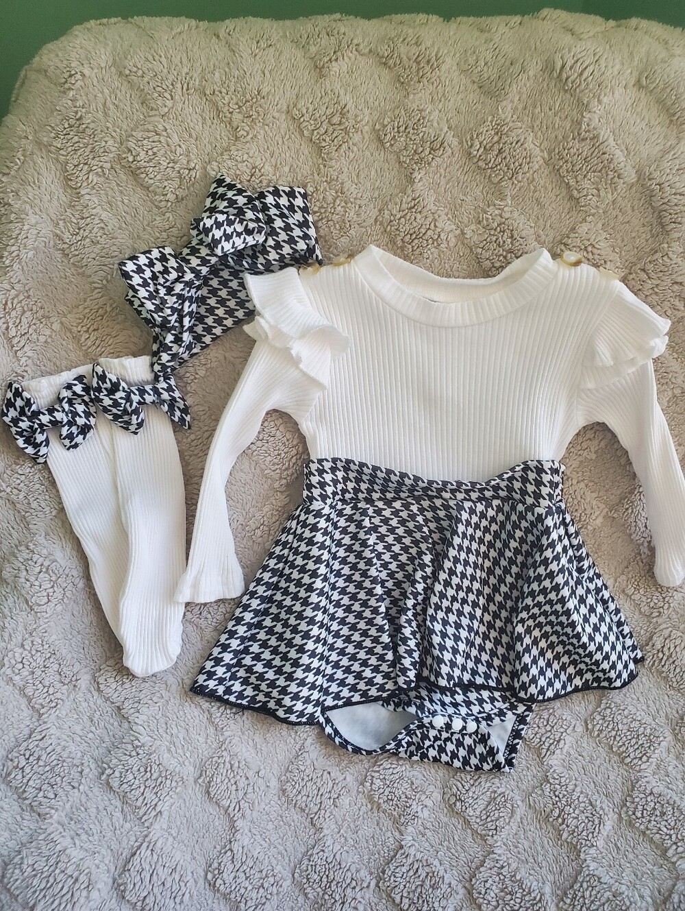 White Ribbed Ruffle Bodysuit with Black & White Houndstooth Skirt Set